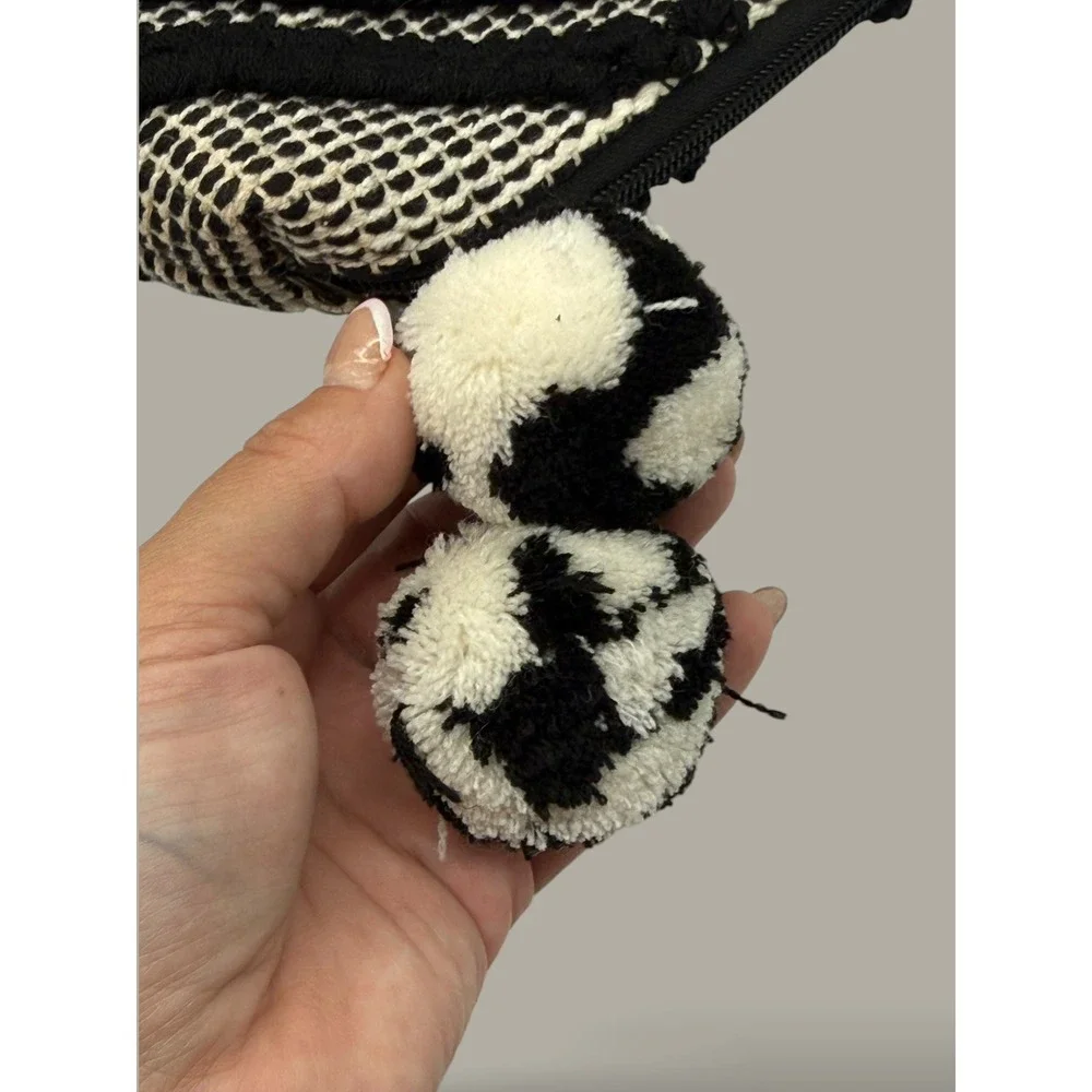Boho Black White Geometric Tufted Pouch Pom Pom Tassel Makeup Bag Clutch India